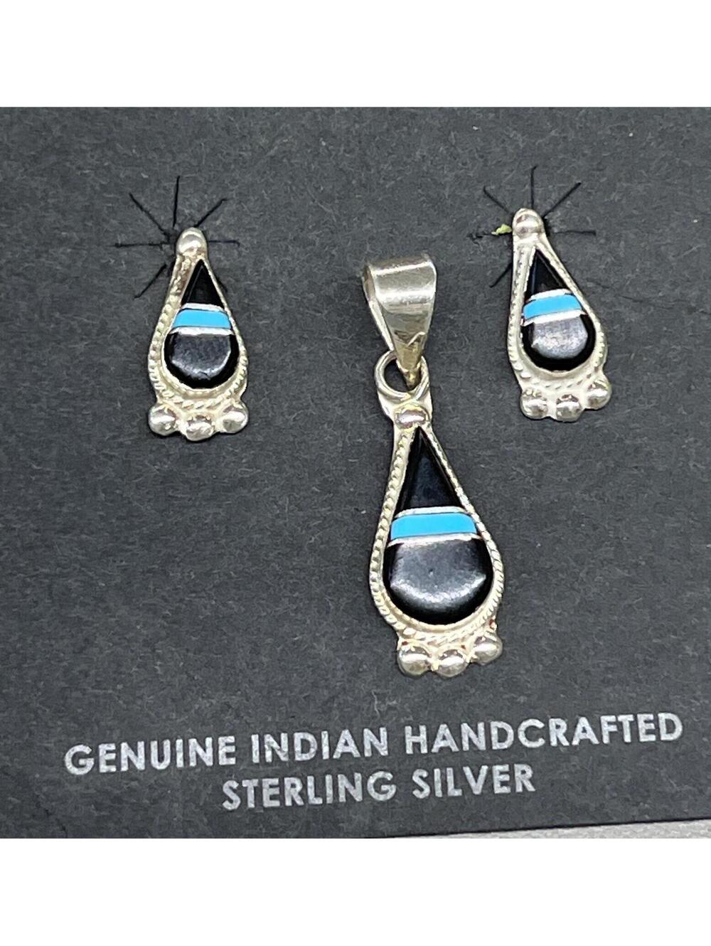 Zuni sterling silver turquoise and black onyx inlay earrings pendant set